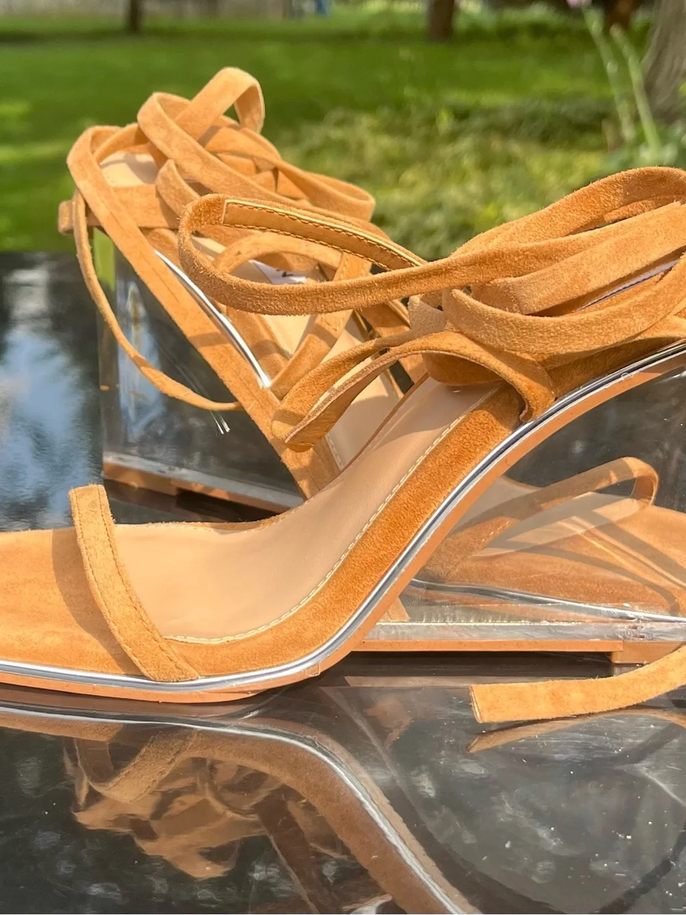 Steve Madden Elza Tan Suede Lucite Block Heel Lace Up Sandals Y2K 90s size 7